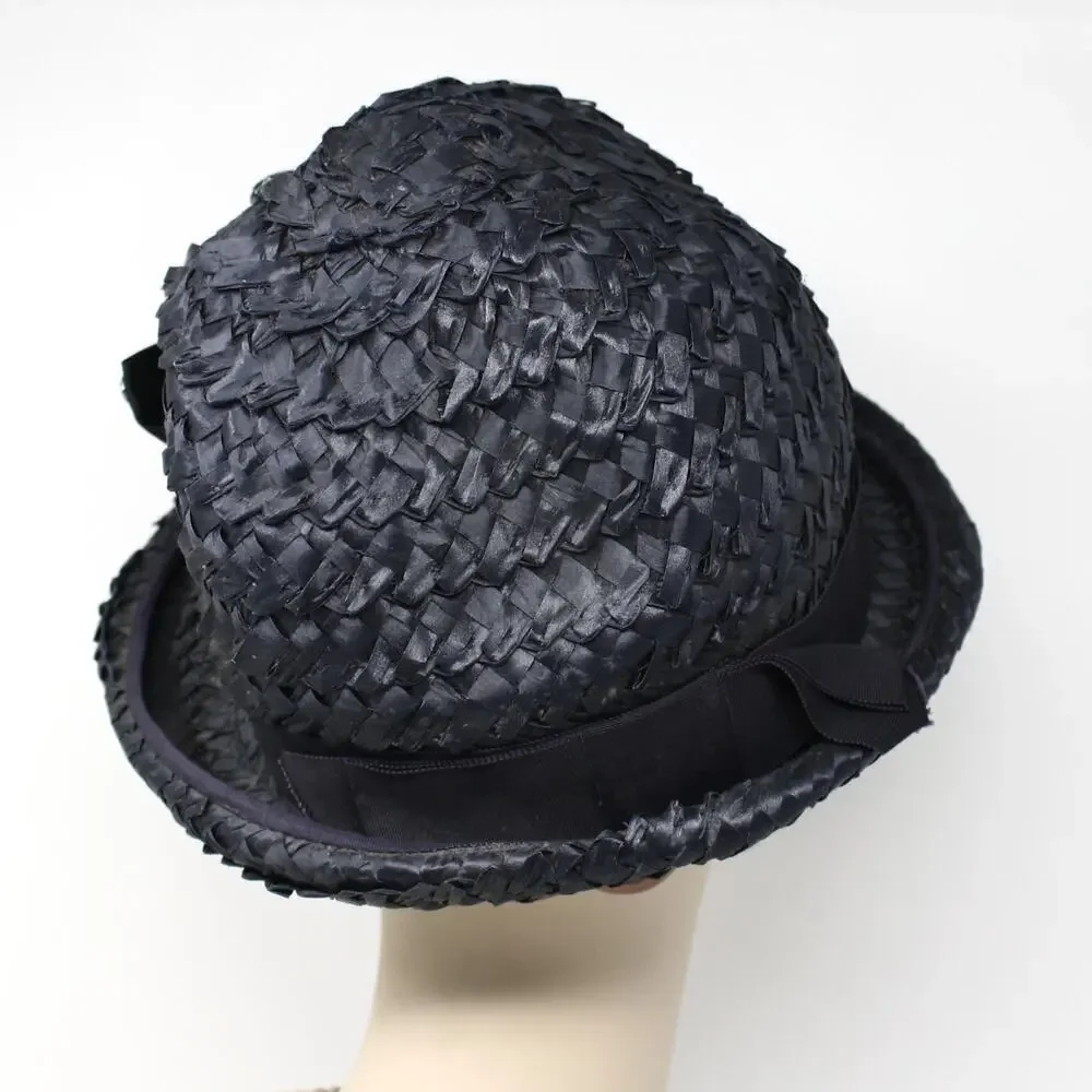 Vintage Black Woven Straw Hat Neiman Marcus with Rhinestone Bow Detail –Hey Viv